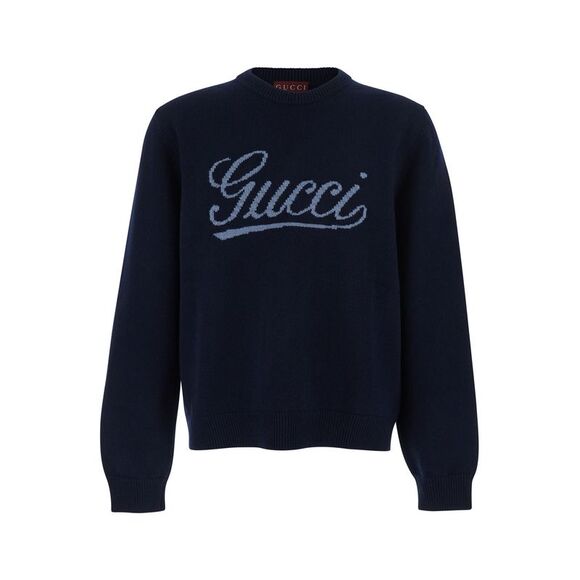 GUCCI Other - Gucci Men Blue Crewneck Sweater With Logo Embroidery On The Front In Wool Man